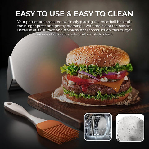 Image of Tranquility Living Burger Press Smasher, 304 Stainless Steel 5.5 Inches round with Oil Brush, Non-Stick Patty Maker and Burger Press, Dishwasher Safe and Perfect for Every Kitchen