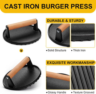 AIVIKI Burger Press, Smash Burger Press for Blackstone Griddle, Heavy Duty Cast Iron round 6.9In Bacon Grill Press with Wood Handle, Meat Steak Weight for Sandwich, Paninis (Round)