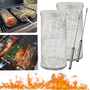 Oylyoyea Rolling BBQ Basket BBQ Accessories,Round Stainless Steel BBQ Grill Mesh,Bbq Vegetable Slices Basket,Grill Basket Camping Grill,Suitable for Vegetable,Fries,Fish (2Pcs Small)