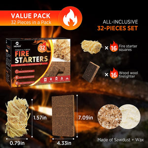 MEKER Fire Starters - Natural Fire Starters for Fireplace, Campfires, Fire Pit, BBQ Grill, Wood Stove, All Weather Charcoal Starter, Wood Wool Firelighters & Odorless Fire Starter Eco Friendly