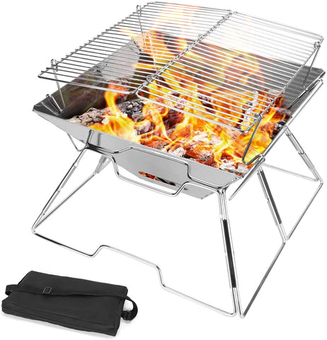 Image of Odoland Folding Campfire Grill, 304 Stainless Steel Grate Barbeque Grill, Portable Camping Grill with Legs for Picnics, Backpacking, Outdoor with Carrying Bag and Kitchen Tongs