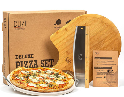 Image of 4-Piece Large Pizza Stone Set - 13" Thermal Shock Resistant Cordierite Pizza Stone with Handle Rack, 19" Natural Bamboo Pizza Peel & Pizza Cutter - Large Baking Stone for Grill and Oven