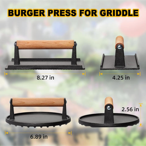 Image of AIKWI 2PCS Burger Press with Wood Handle, 6.8" round Bacon Press for Griddle, 8.2" X 4.2" Rectangular Heavy Duty Cast Iron Smash Patty Steak Sandwich Press for Flat Top Grill Indoor Outdoor
