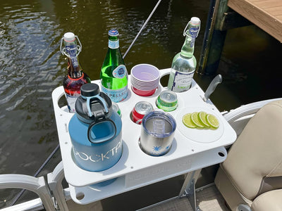 Bar Boat Caddy Organizer - Pontoon Rail Mount | Portable Boat Table and Boat Bar, Pontoon Tables for Boats with Cup Holders, Boat Storage Accessories