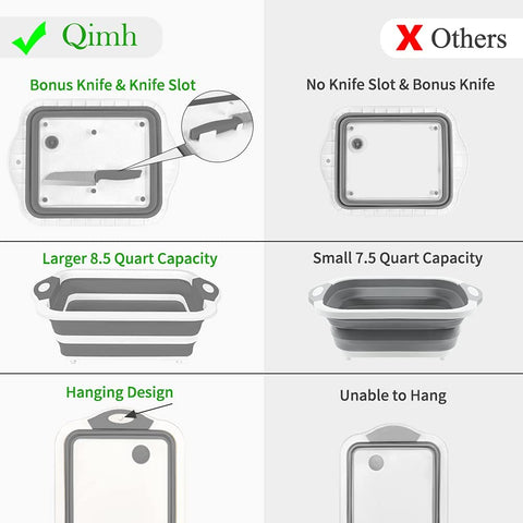 Image of Qimh Collapsible Cutting Board - Foldable Space Saving Multi-Function Kitchen Dish Tub and Camping Sink- Washing and Draining Veggies Fruits Food Grade Storage Basket for Picnic, BBQ Prep and Camping