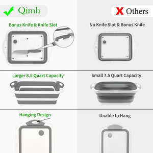 Qimh Collapsible Cutting Board - Foldable Space Saving Multi-Function Kitchen Dish Tub and Camping Sink- Washing and Draining Veggies Fruits Food Grade Storage Basket for Picnic, BBQ Prep and Camping