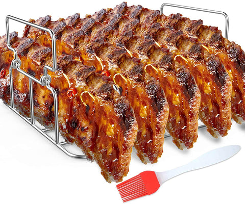 Image of Durable Stainless Steel Rib Rack with a Silicone Oil Brush, BBQ Stand with 2 Handle for Smoker,Oven and Grill, Cook up to 5 Ribs at a Time