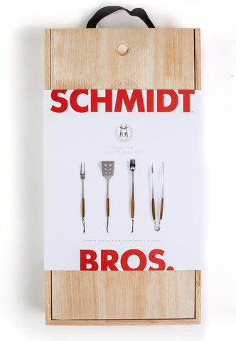 Image of Schmidt Brothers - BBQ Bonded Teak 4 Piece Grilling Accessory Set, Full-Forged Stainless Steel Grilling Utensils Including Spatula, Fork, Basting Brush, and Tongs with All Wood Handles