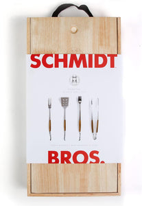Schmidt Brothers - BBQ Bonded Teak 4 Piece Grilling Accessory Set, Full-Forged Stainless Steel Grilling Utensils Including Spatula, Fork, Basting Brush, and Tongs with All Wood Handles