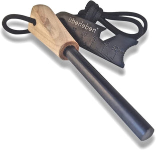 Überleben Zünden Fire Starter - Traditional Ferro Rod, Handcrafted Wood Handle - 5/16", 3/8", & 1/2" Thick Fire Steel - 12,000-20,000 Strikes - Survival Igniter with Neck Lanyard & Multi-Tool Striker