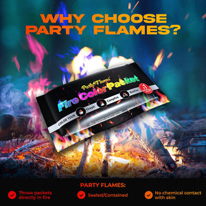 Party Flames Fire Color Changing Packets (10 Pack) - Fire Pit, Campfires, Bonfire, Outdoor Fireplaces - Magic Colorful Cosmic Flame Powder - Perfect Fire Camping Accessories for Kids & Adults