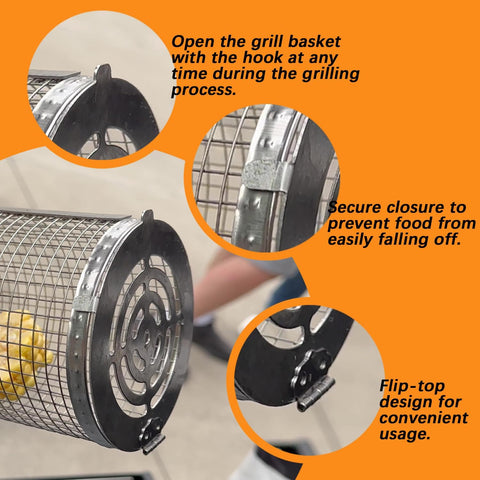 Image of 2PCS Flip-Top round Grill Basket - Rolling Baskest for Outdoor Grilling, Stainless Steel Wire Mesh for Fish, Shrimp, Meat, Veggies, and Fries Portable, BBQ Accessories for Camping Parties