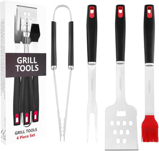 BBQ Grill Accessories, 4-Piece Stainless Steel Grill Tools with Grill Tongs, Grill Spatula, Grill Forks, Silicone Brush, the Ideal Outdoor Heavy-Duty BBQ Accessories, Grilling Gifts for Men.