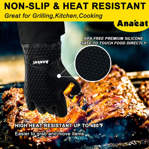 Image of Anaeat BBQ Grilling Gloves Heat Resistant, Versatile Waterproof Cooking Gloves - 100% Cotton Lining Silicone Oven Mitts, Flexible Potholder for Barbecue, Baking - Thick Long Wrist Protection (Black)