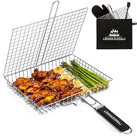 Image of Grill Basket, Barbecue BBQ Grilling Basket, Stainless Steel Large Folding Grilling baskets With Handle, Portable Outdoor Camping BBQ Rack for Shrimp, Vegetables, Barbeque Griller Cooking Accessories