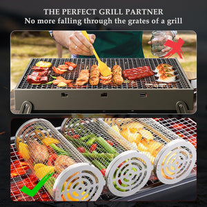 Rolling Grilling Baskets for Outdoor Grilling, BBQ Grill Basket Cylinder with Two Forks and Two Hooks, round Stainless Steel Grill Basket for Outdoor Grill for Fish, Shrimp, Meat, Vegetables（2Pcs）