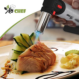 Kitchen Torch With Butane included - Refillable Butane Torch With Safety Lock & Adjustable Flame + Fuel gauge - Culinary Torch, Creme Brûlée Torch for Cooking Food, Baking, BBQ, 2 Cans Included