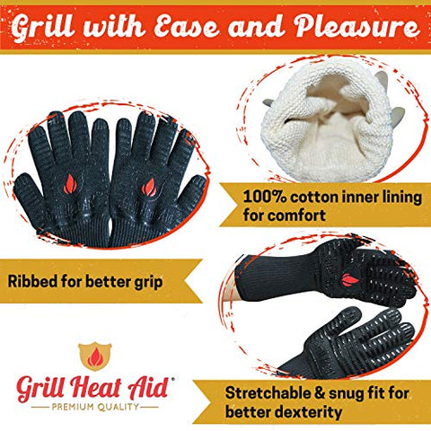 Image of GRILL HEAT AID BBQ Gloves Heat Resistant 1,472℉ Extreme. Dexterity in Kitchen to Handle Cooking Hot Food in Oven, Cast Iron, Pizza, Baking, Barbecue, Smoker & Camping. Fireproof Use for Men & Women