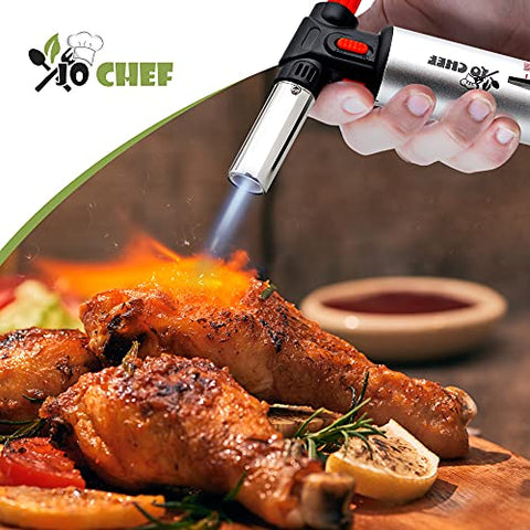 Image of Kitchen Torch With Butane included - Refillable Butane Torch With Safety Lock & Adjustable Flame + Fuel gauge - Culinary Torch, Creme Brûlée Torch for Cooking Food, Baking, BBQ, 2 Cans Included