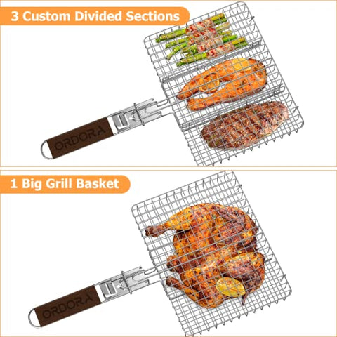 Image of ORDORA Grill Basket, Fish Grill Basket, Rustproof 304 Stainless Steel BBQ Grilling Basket for Meat,Steak, Shrimp, Vegetables, Chops, Heavy Duty Grill Basket Outdoor Grill Accessories