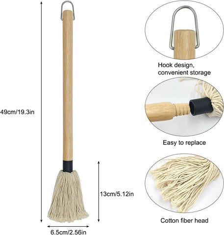 Image of 18 Inch BBQ Basting Mop Brush with 2 Extra Replacement Cotton Heads and Silicone Grill Brush, Wooden Long Handle Grill Basting Brush Mop for Roasting or Outdoor Grill BBQ Grilling Smoking Steak