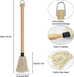 18 Inch BBQ Basting Mop Brush with 2 Extra Replacement Cotton Heads and Silicone Grill Brush, Wooden Long Handle Grill Basting Brush Mop for Roasting or Outdoor Grill BBQ Grilling Smoking Steak