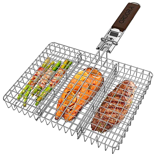 Image of Grill Basket, Large BBQ Grilling Basket, Portable Stainless Steel Grill basket with Handle, Heavy Duty Outdoor Baskets Accessories for Fish, Shrimp, Vegetables, Meat, Steak