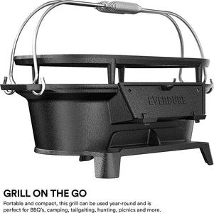 Everdure Oval Cast Iron Grill & Cover – Outdoor, Portable Charcoal Grill and Tabletop Cast Iron Skillet - 100% Cast Iron, Enameled, Durable, Small Charcoal Grill, Camping Stove, Hibachi Grill