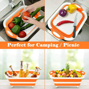 Rottogoon Collapsible Cutting Board, Foldable Chopping Board with Colander, Multifunctional Kitchen Vegetable Washing Basket Silicone Dish Tub for BBQ Prep/Picnic/Camping(Orange)