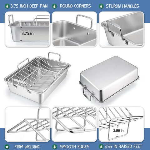 Image of 15¼" Roasting Pan with Rack, 7 PCS P&P CHEF Stainless Steel Roaster Lasagna Pan with Cooling Flat & V-Shaped Baking Rack, Grilling Chicken Holder, Meat Shredding Claws, Dishwasher & Oven Safe