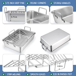 15¼" Roasting Pan with Rack, 7 PCS P&P CHEF Stainless Steel Roaster Lasagna Pan with Cooling Flat & V-Shaped Baking Rack, Grilling Chicken Holder, Meat Shredding Claws, Dishwasher & Oven Safe