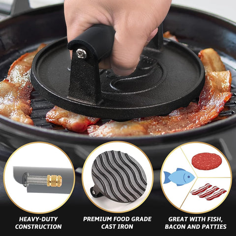 Image of Smash Burger Press - Heavy Duty Hamburger Press W/Heat Resistant Handle - Cast Iron Grill Press, Bacon Press, Sandwich Press - round Burger Smasher for Griddle - Meat Press - BBQ Grilling Accessories