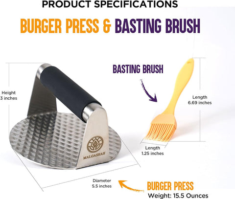 Image of MALGASHAH Stainless Steel Smash Burger Press with Silicone Grip + Silicone Basting Brush for Cooking - Ground Beef Smasher to Perfectly Make Flat Hamburger Patties - Grill Accessory