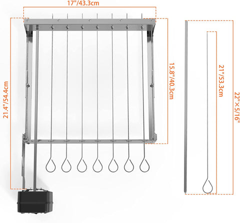 Image of Only Fire Stainless Steel Electric Skewer Turner, Rotated Grilling Rack Shish Kabob Set with 7 Skewers and Dual-Purpose Rotisserie Motor