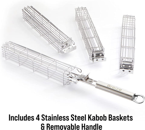 Image of BRAIZE Large Kabob Grilling Baskets Set of 4 W/ Removable Handle - Stainless Steel Vegetable Grill Baskets for Outdoor Grill Utensils - Large Capacity (12 X 2 X 2) Secure Easy-Latch Lid. Great Camping Cooking Gear for Your Campfire Grill.