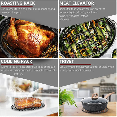 Image of DIMESHY Roasting Rack, Black with Integrated Feet, Enamel Finished, Nonstick, Fit for 13 Inches Oval Roasting Pan, Safety, Dishwasher, Great for Basting, Cooking, Drying, Cooling Rack.(10”X 6.5”)