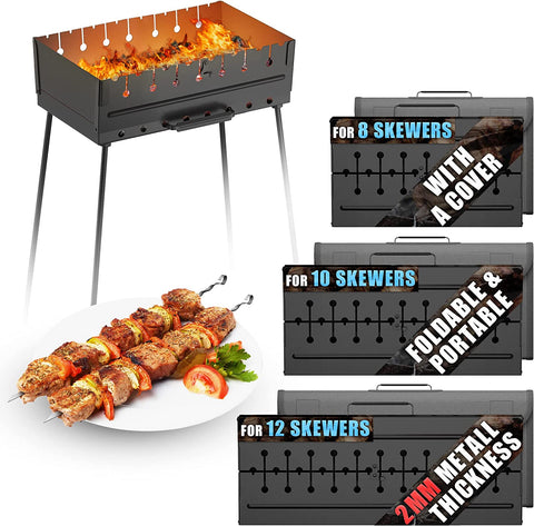 Image of Charcoal Grill for 8 Skewers - Portable Barbecue 16.93"L X 12.60"W X 16.93"H Camp Grills - Mangal Schaschlik - Foldable Metal Mangal - Kebab Shish - BBQ for EDC Picnic Outdoor Cooking Camping Hiking