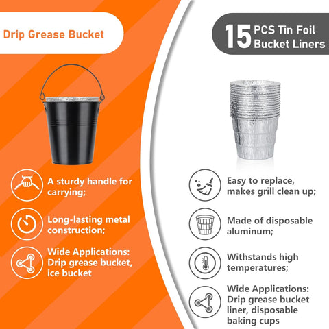 Image of Unidanho Pellet Grill Drip Grease Bucket & 15-Pack Foil Liners for Traeger Pit Boss Camp Chef Rec Tec Replacement Smoker Oil Catcher Pail BBQ Accessories