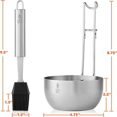Image of Pure Grill Stainless Steel BBQ Sauce Pot and Silicone Basting Brush - Barbecue Utensil Tool Set