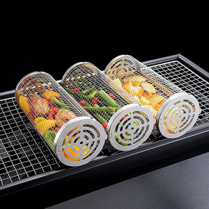 2 Pcs BBQ Rolling Grilling Basket for Outdoor Grill,Cylindrical Stainless Steel Grill Net for for Vegetables and Meat,Bbq Accessories Included（M-7.87X3.54X3.54 Inch）