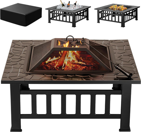 Image of Devoko 32 Inch Metal Outdoor Fire Pit Table Multiuse Square Patio BBQ Firepit with Spark Screen Lid and Waterproof Cover for Camping, outside Wood Burning and Picnic Black