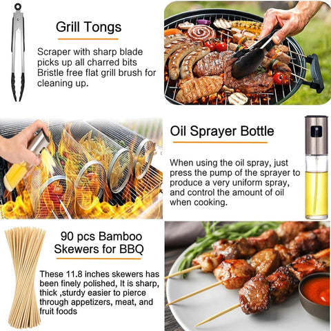 Image of BBQ Net Tube,Grill Basket Stainless Steel with Food Clip,Bbq Oil Sprayer,Grill Brush,Seasoning Bottles, BBQ Skewer More Outdoor Cooking Barbecuers Tools(Basket 11.8‘’(2Pcs)+Tools)