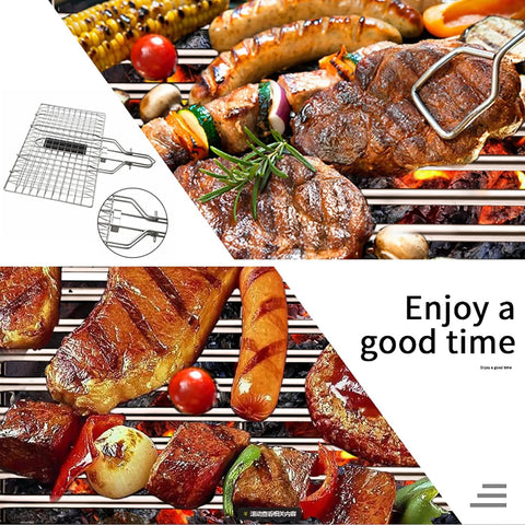 Image of Grill Basket, Portable Stainless Steel Fish Grill Basket with Removable Handle, Outdoor Camping BBQ Rack for Fish, Shrimp, Vegetables, Barbeque Griller Cooking Accessorie