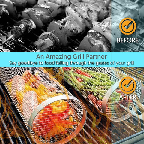 Image of Upgraded Rolling Grilling Basket for Outdoor Grilling, BBQ Grill Accessories Kit, Stainless Steel Grill Mesh Barbeque Grill Accessories,Portable Grill Basket for for Fish,Shrimp,Meat,Vegetables, Fries