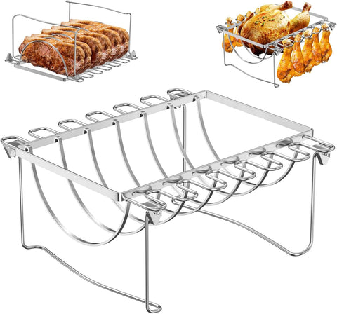 Image of BBQ-PLUS Rib Rack and Chicken Rack for Smoking and Grilling,Must Have Smoker Accessories for Oven,Outdoor Indoor Grilling,3 in 1 Designed,Stainless Steel