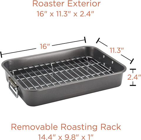 Image of Farberware Bakeware Nonstick Steel Roaster with Flat Rack, 11-Inch X 15-Inch, Gray