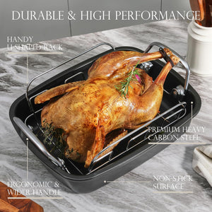 KITESSENSU Nonstick Turkey Roasting Pan with Rack 17 X 14 Inch - Large Chicken Roaster Pan for Oven - Wider Handles & Heavy Duty Construction - Suitable for 24Lb Turkey, Gray