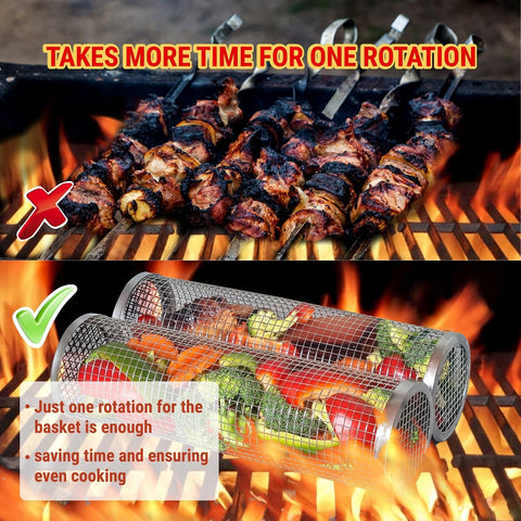 Image of Rolling Grilling Basket for Outdoor Grill Bbq Net Tube Stainles Steel Large round Mesh Rotation Barbecue Cylinder Cage Cooking Accessories for Veggie, Fish, Meat, Camping for Enthusiasts, Gift for Men