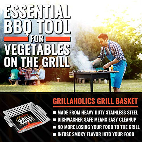 Image of Grillaholics Heavy Duty Grill Basket - Large Grilling Basket for More Vegetables - Stainless Steel Grilling Accessories Built to Last - Perfect Vegetable Grill Basket for All Grills and Veggies