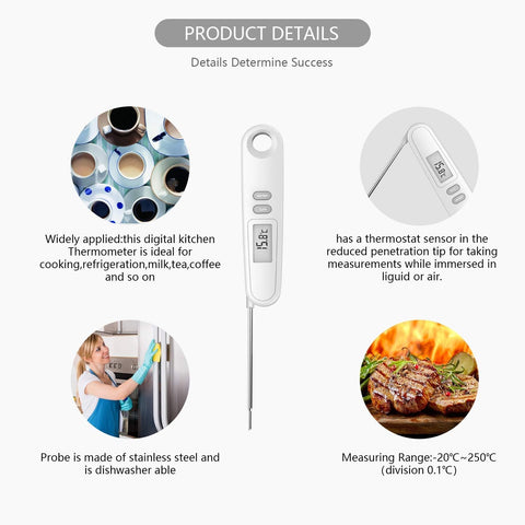 Image of Instant Read Meat Thermometer for Kitchen Cooking, Waterproof Food Thermometer with Stainless Steel Probe and Backlight for BBQ, Grilling and Bakery White